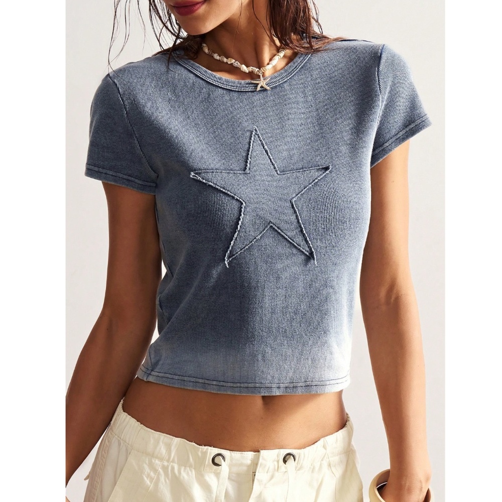 Cotton Rib Knit Grey Tee Shirt Star Patch Applique - Picture 8 of 9